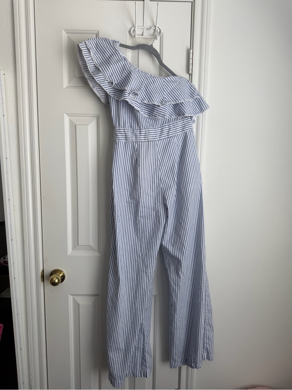 One-Shoulder Blue and White Striped Ruffle Jumpsuit